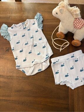 Kate Quinn Sweet Outfit - Baby 0-3 Months Flutter Sleeves Blue Swans - 2pc
